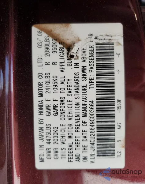 2009 Acura Tsx from USA, damaged, VIN JH4CU26649C003664